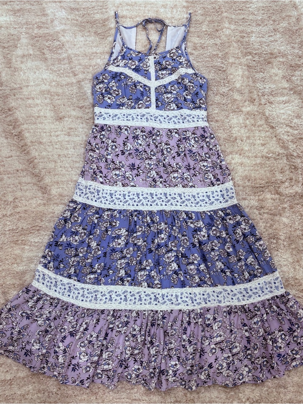 Jessica Simpson Floral Tiered Midi Dress Size S Purple Blue Boho Lace Trim